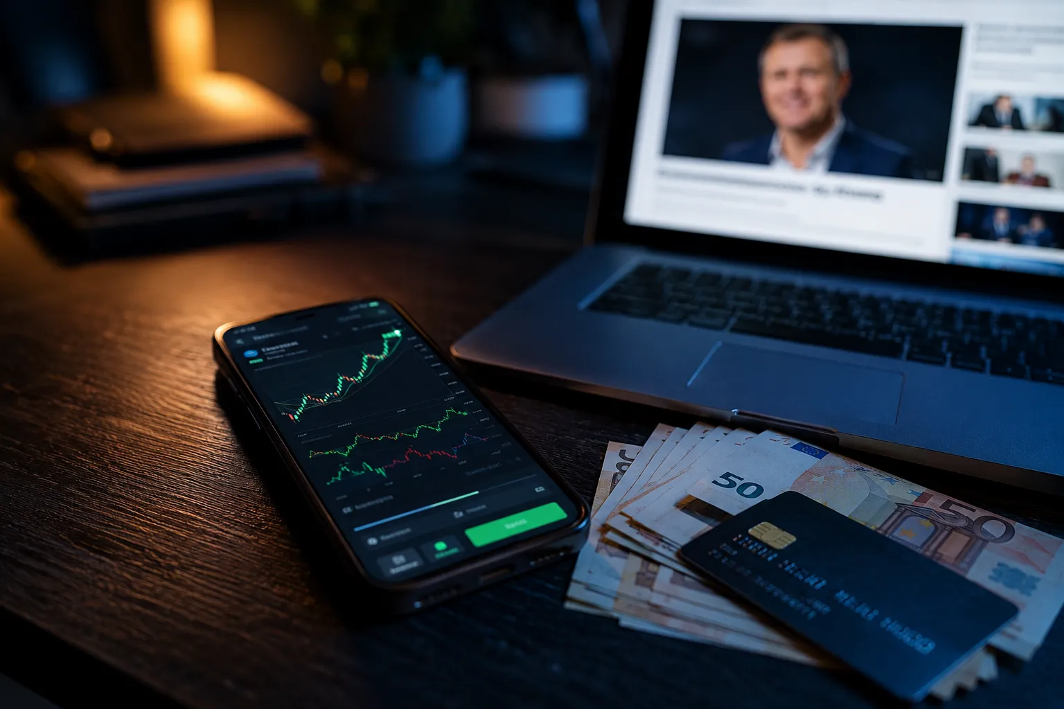 Landscape editorial photograph () showing a dimly lit workspace with a smartphone displaying a fake investment platform