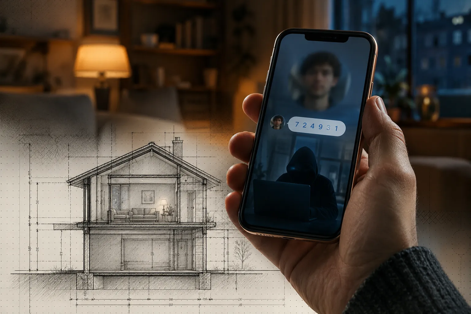 Editorial landscape conceptual photograph: close-up of a hand holding a modern smartphone displaying a Messenger-style chat