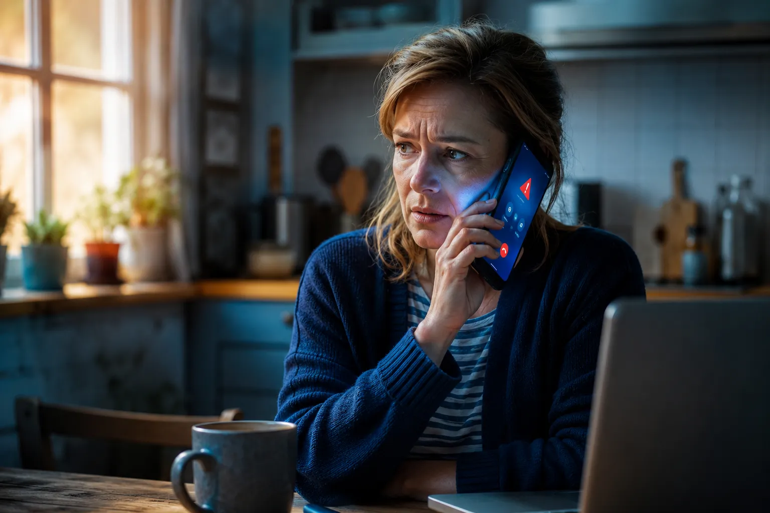 Editorial landscape photograph () of a worried middle-aged Polish woman in her kitchen holding a smartphone to her ear, her