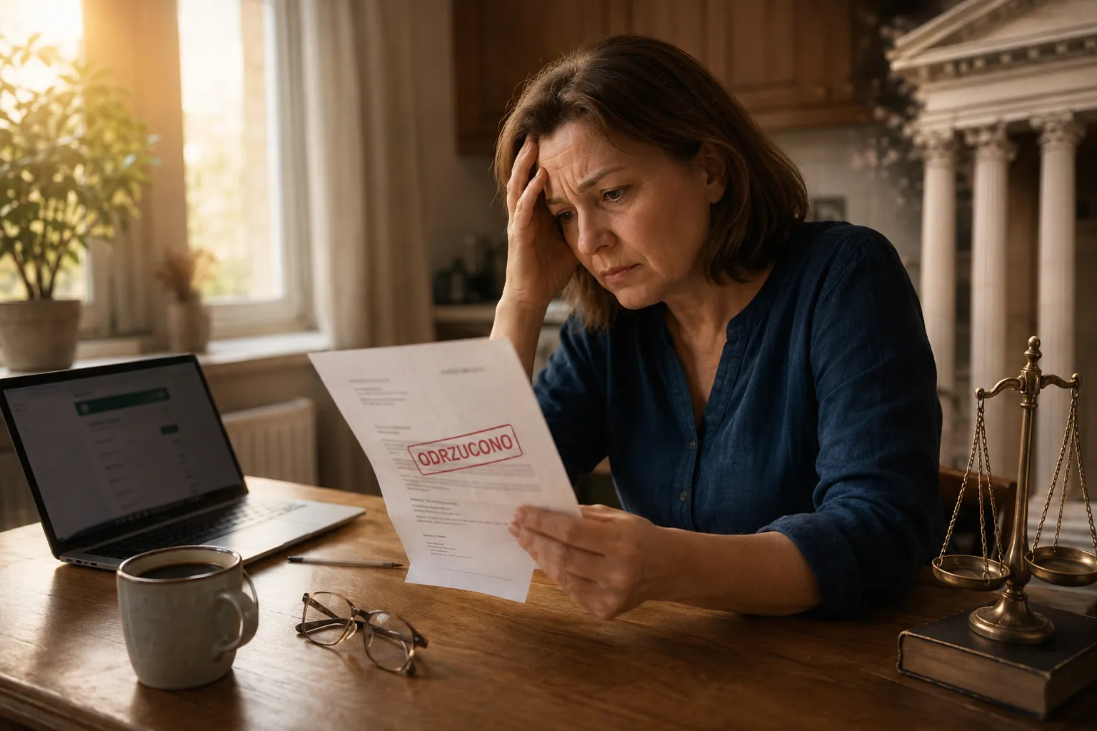 Cinematic editorial landscape () hero image showing a worried middle-aged Polish woman sitting at a wooden kitchen table