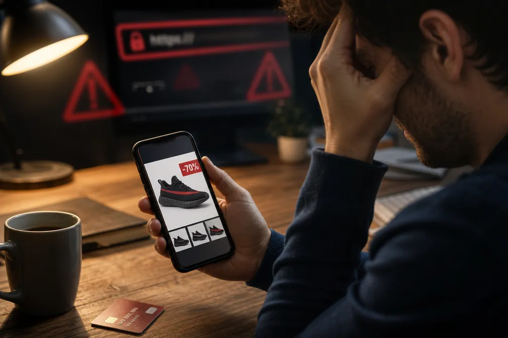 Landscape editorial photograph of a person in stressful moment holding a smartphone showing a suspicious e-commerce website