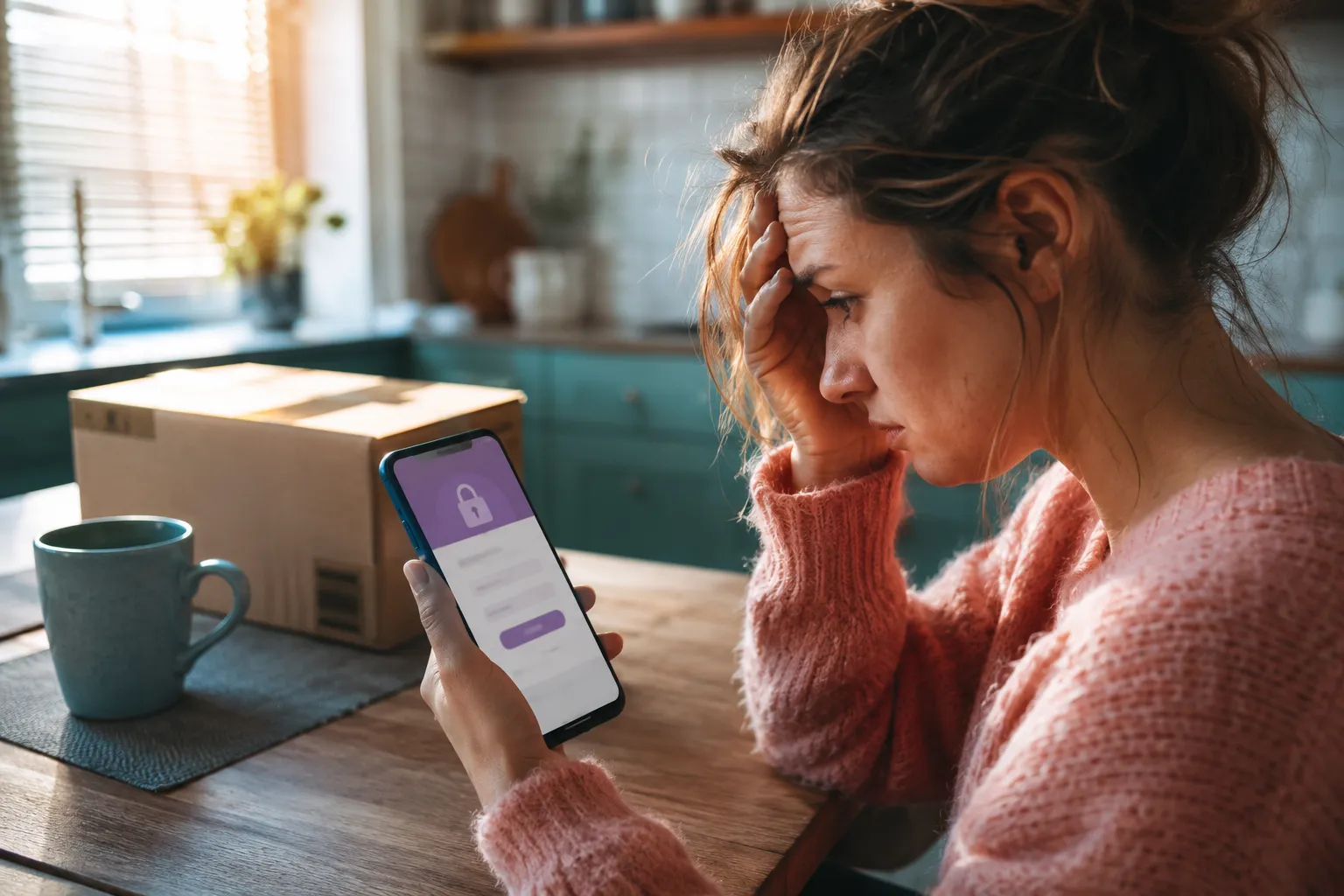 Cinematic editorial landscape () hero image: close-up of a stressed young woman's hands holding a smartphone at a kitchen