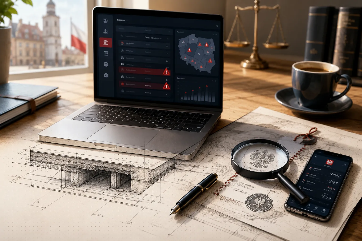 Editorial landscape hero image () depicting a Polish investor's desk at daylight: a modern laptop displaying an abstract