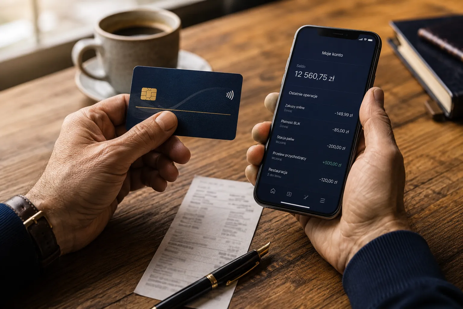 Editorial landscape hero image: close-up cinematic photograph of a person's hands holding a Polish debit card next to a