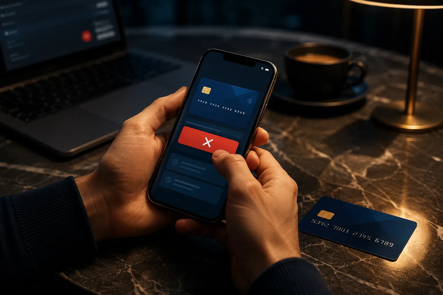 Cinematic landscape editorial photograph () of a person's hands holding a smartphone displaying a generic banking app