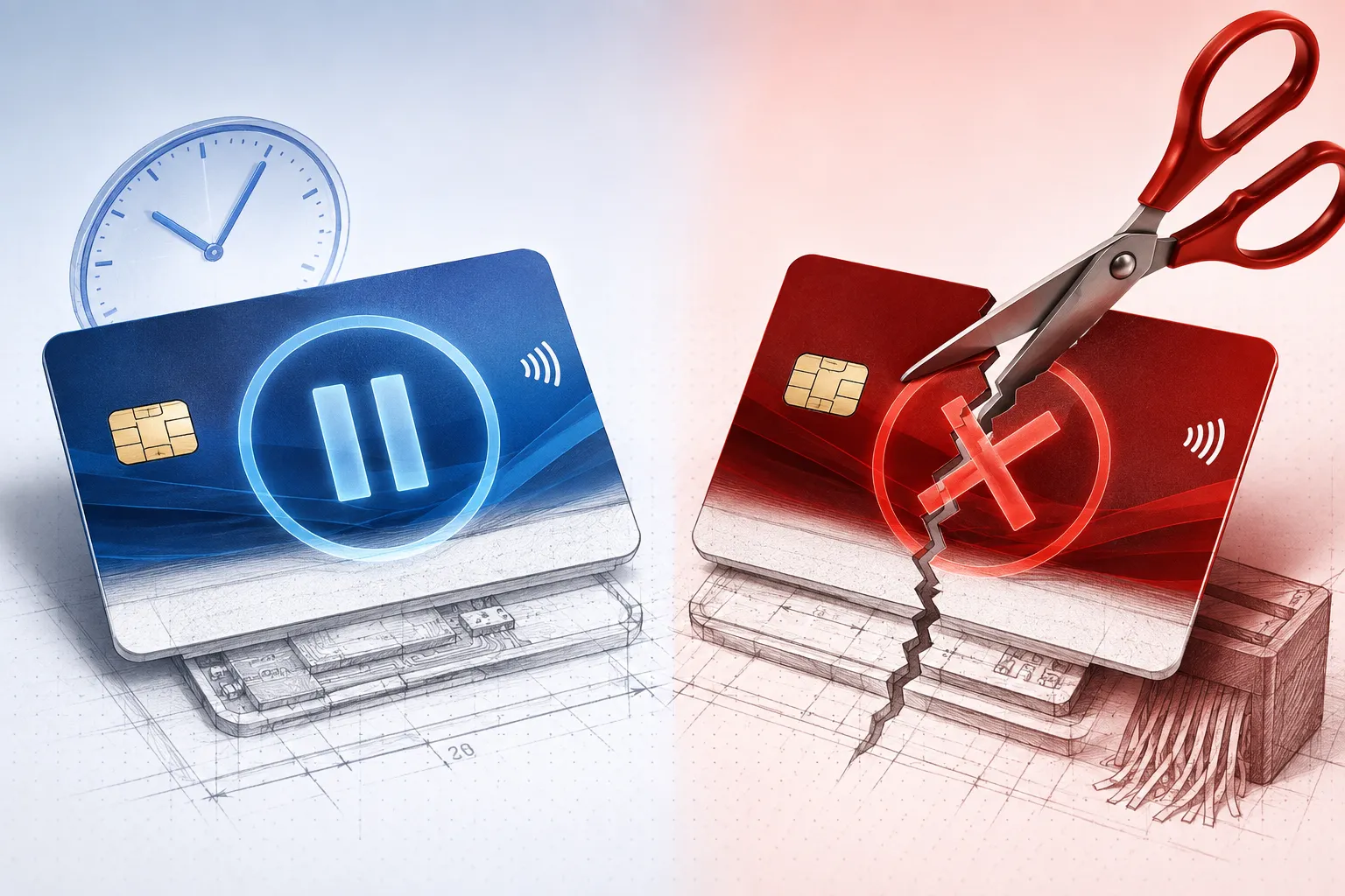 Split-screen conceptual editorial illustration (): left half shows a plastic payment card with a semi-transparent pause icon