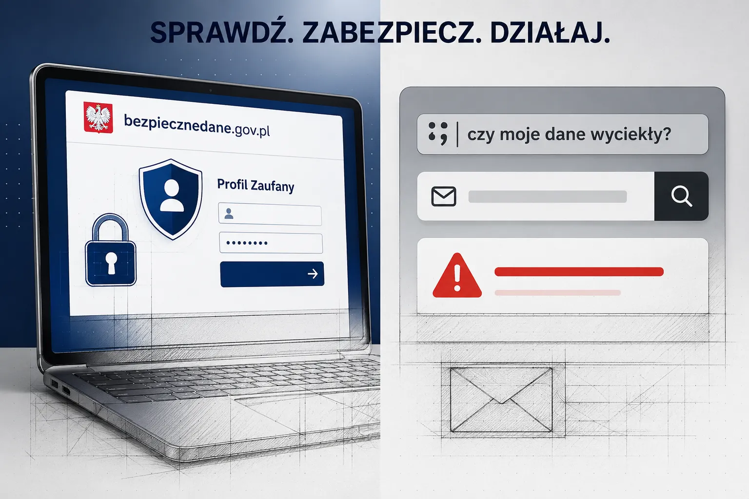 Split-screen editorial illustration (): left half shows a stylized laptop screen with the bezpiecznedane.gov.pl login flow