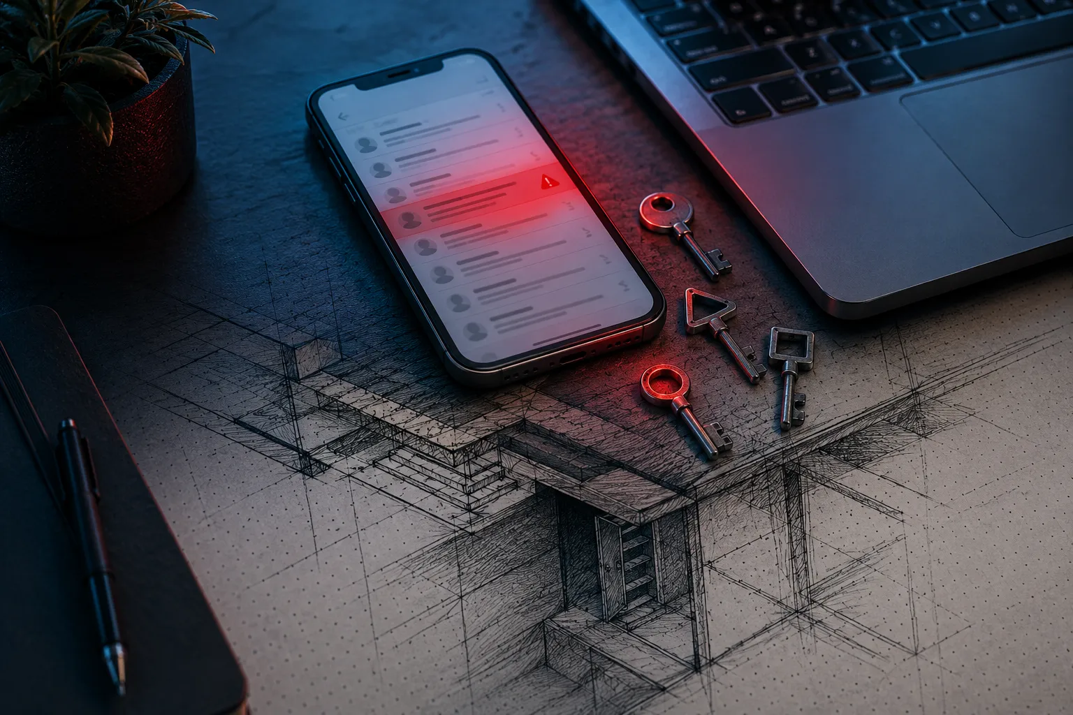 Cinematic editorial landscape () hero image of a modern minimalist desk viewed from above at blue hour, a smartphone showing