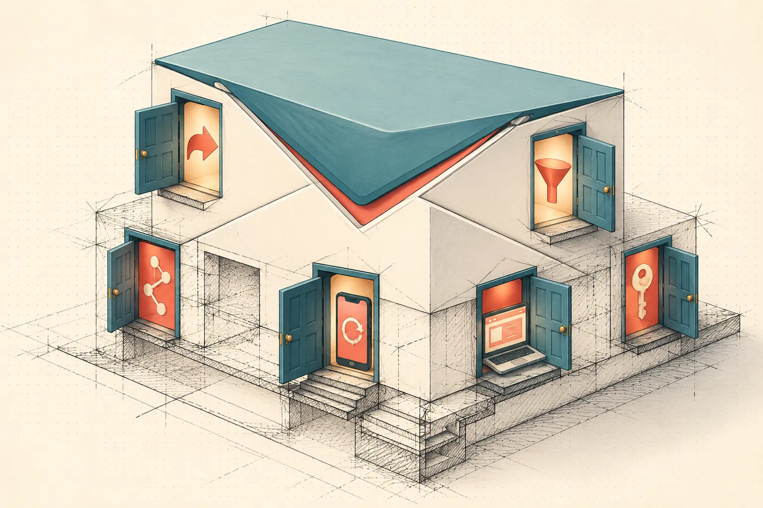 Isometric flat-vector illustration landscape () showing a stylized email envelope as a house with six small open doors on