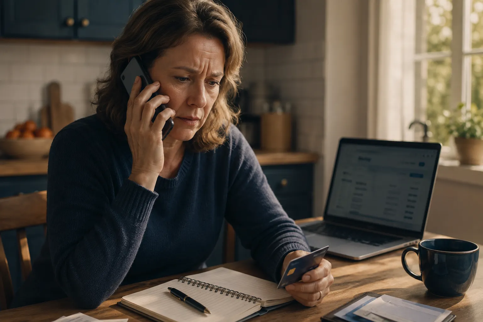 Editorial landscape photograph () of a worried middle-aged woman sitting at a kitchen table in warm afternoon daylight,