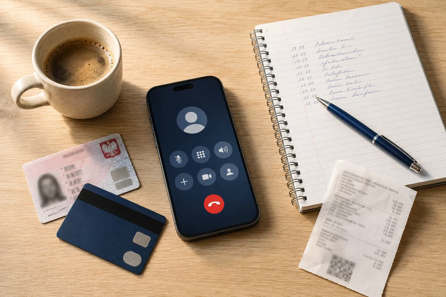 Overhead flat-lay editorial photograph () on a light oak desk showing items needed before calling a bank fraud hotline: a