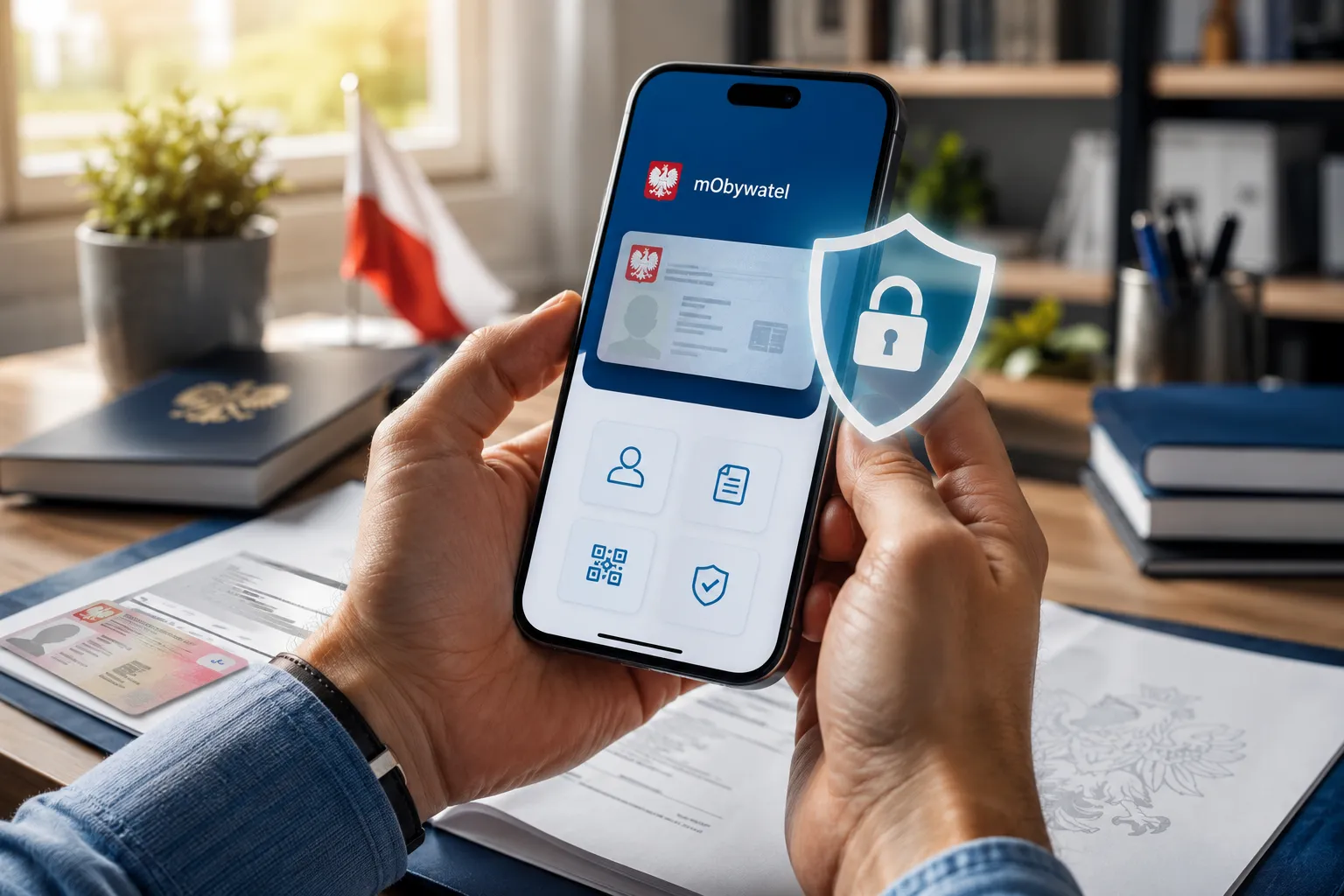 Editorial landscape hero image () showing a person's hands holding a modern smartphone displaying the mObywatel app